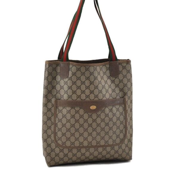 Authentic GUCCI Web Sherry Line Shoulder Tote Bag PVC Leather Brown